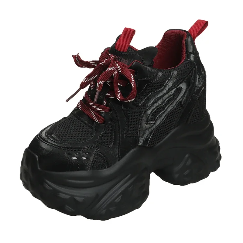 

12 см, новинка 2023 года, осенние дышащие женские кроссовки на массивном каблуке, сетчатая обувь на танкетке со шнуровкой, кроссовки на толстой подошве, повседневная обувь на высокой платформе