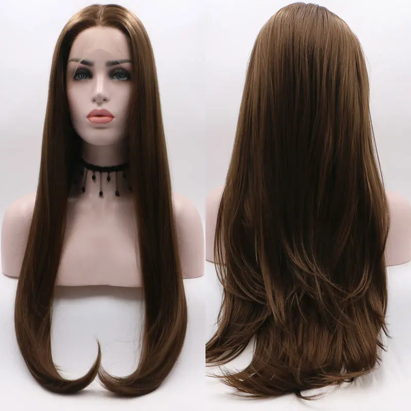 Brown Straight Synthetic 13x4 Lace Front Wigs Glueless High Quality Heat Resistant Fiber Natural Hairline Free Parting For Women