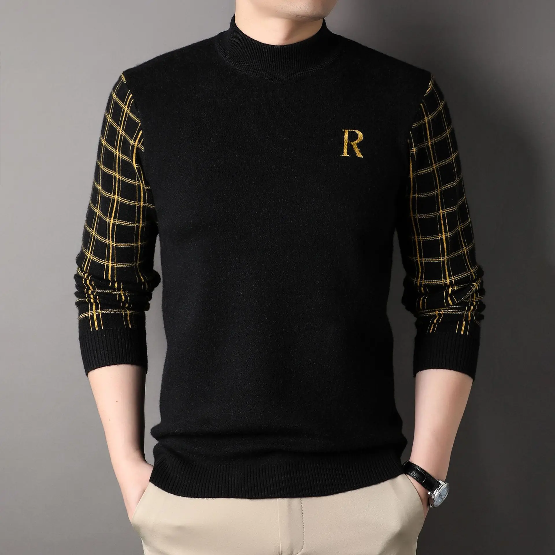 Autumn and Winter New Men's Sweater Lapel Fashion Jacquard Thickened Thermal Knitting Bottoming Shirt One Generation