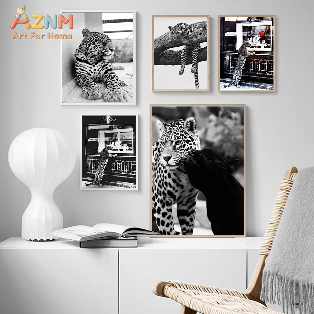 AZNM  Jewelry Shop Leopard Poster Canvas Painting Wall Art Retro Black White Photography Modern Fashion Living Room Home Decor