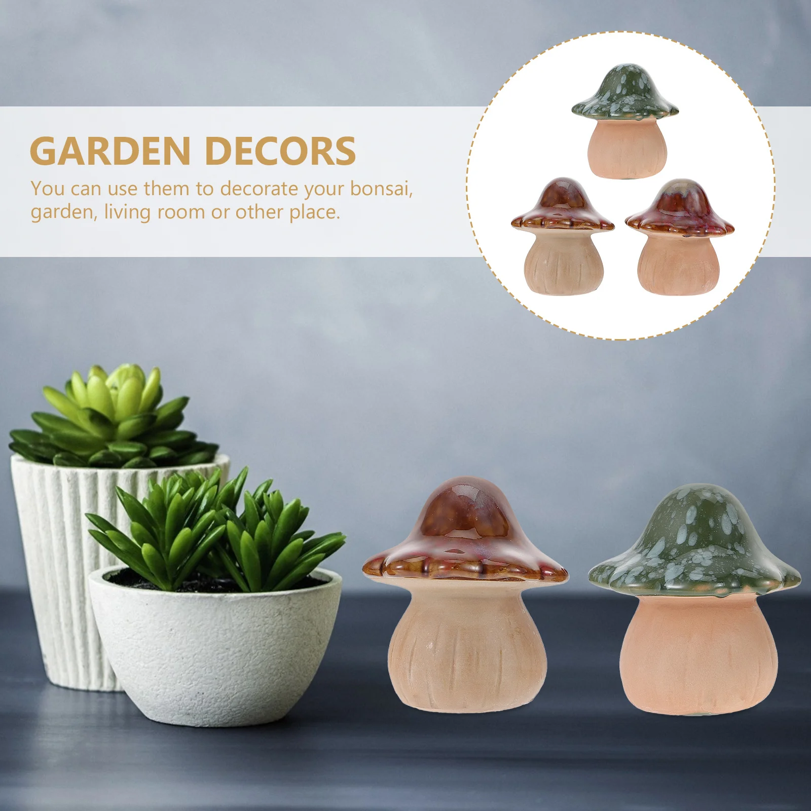 

3Pcs Simulated Mushroom Decor Ceramic Craft Exquisite Handmade Ornament for Garden Home Table Desktop Decoration