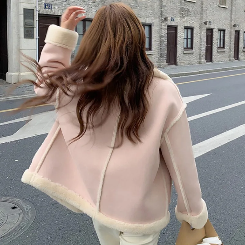 Chaqueta de Cachemira rosa para mujer, Chaqueta corta de piel de invierno, empalme suelto de color sólido, manga larga, versión coreana pequeña,