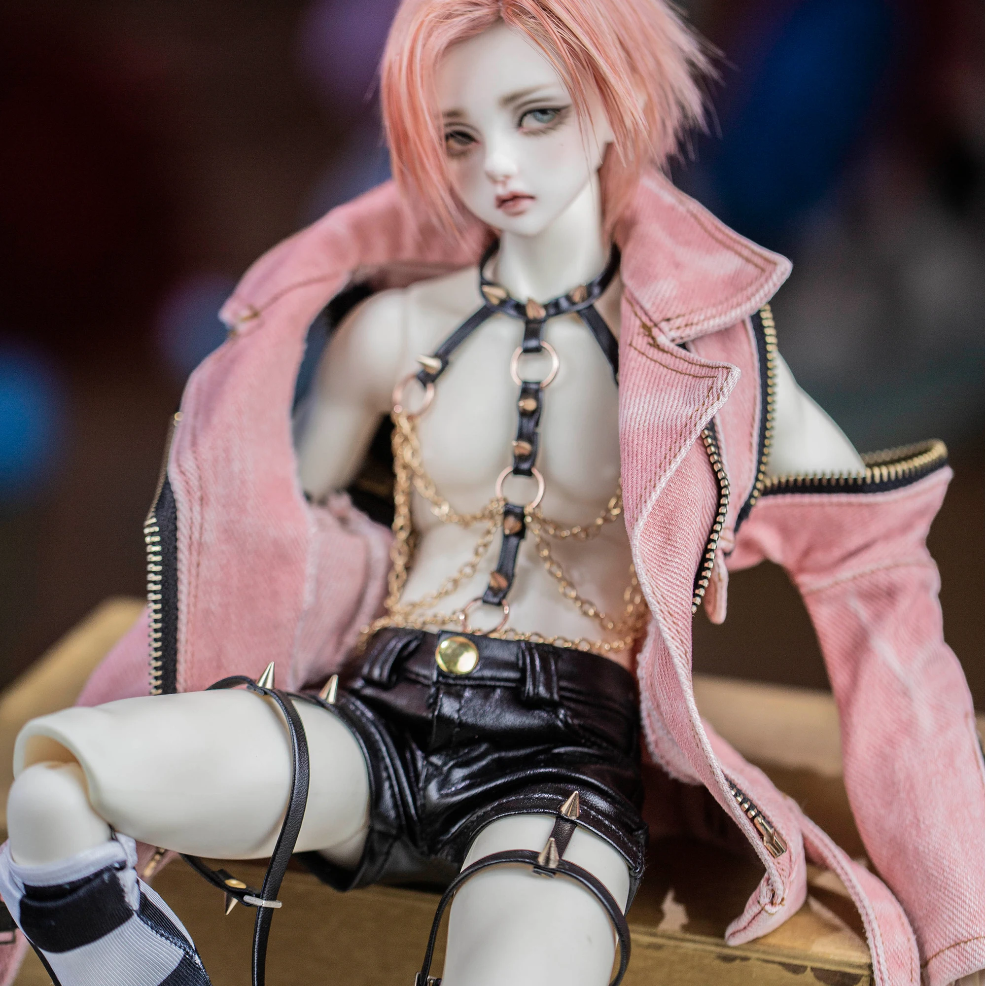 Limited bjd doll clothes pink denim zipper jacket 1/4 1/3 street punk denim distressed top DDSD popo68 id75 black leather shorts