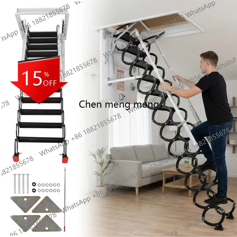 

D5556 12 Steps Ceiling Mounted Attic Ladder with Handrails Wall-Mounted Staircase 660LBS Capacity Height Adjustable for Rough Op