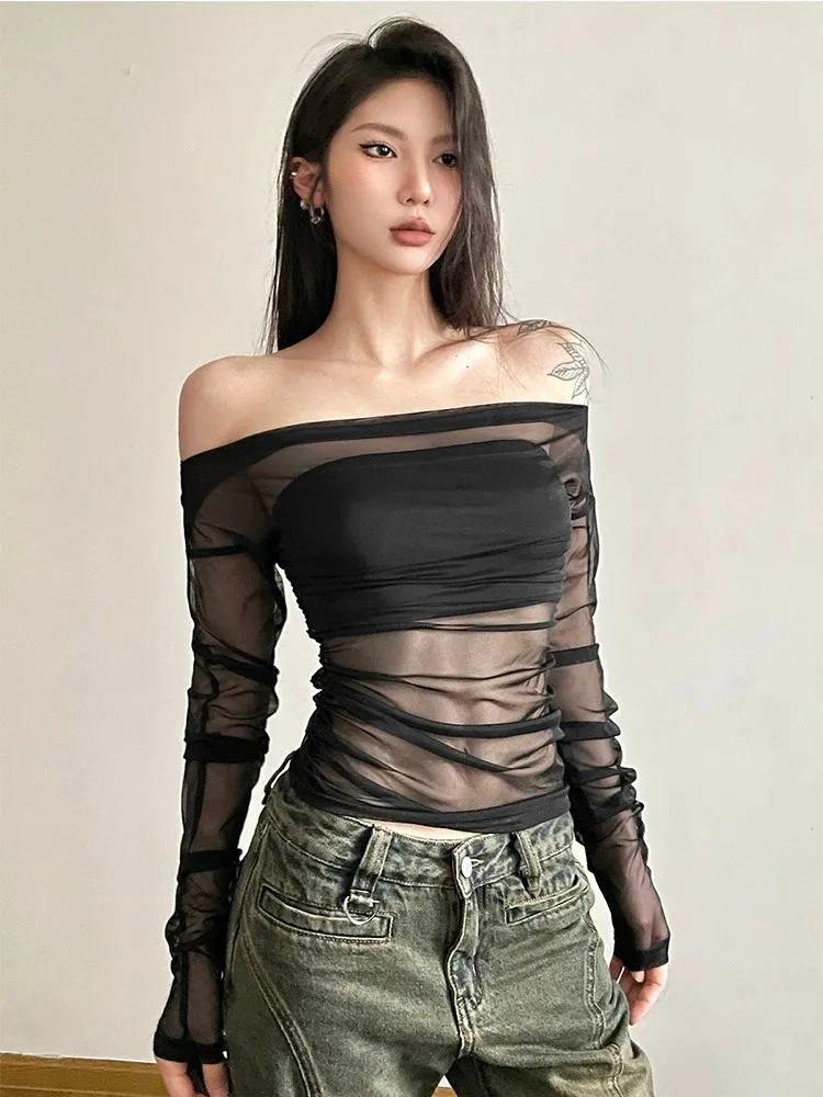 Retro American Net Sleeveless Long Sleeve T-Shirt Women Summer Shoulder Exposure Transparent Ice Silk Sunshade Cover up Spicy...