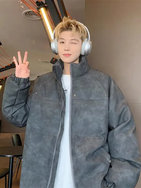 

Зимняя утепленная мужская куртка из искусственной кожи с воротником-стойкой, свободного кроя, повседневная, хлопковая, теплая, с длинными рукавами, молодежная, модная