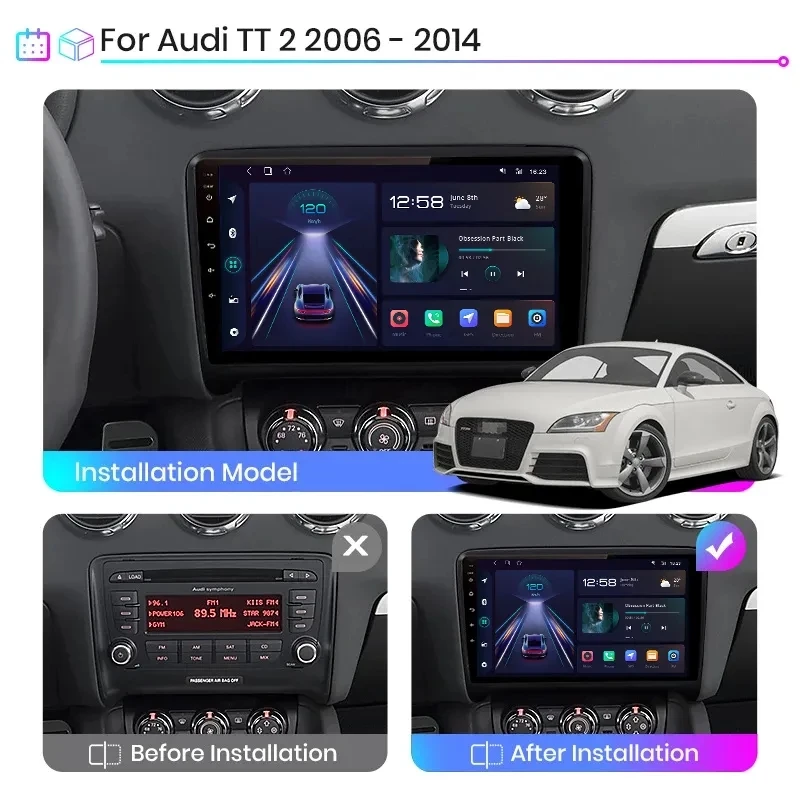 2 Din Car Stereo Radio Multimedia DVD Android 14 For Audi TT MK2 8J 2006-2012 GPS RDS Carplay 360 Camera DSP BT5.0 6+128G