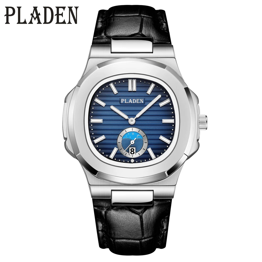 PLADEN Luxury Brand Men\'s Watches Square Stainless Steel Waterproof Analog Quartz Watch Auto Calendar Geneva relógio masculino