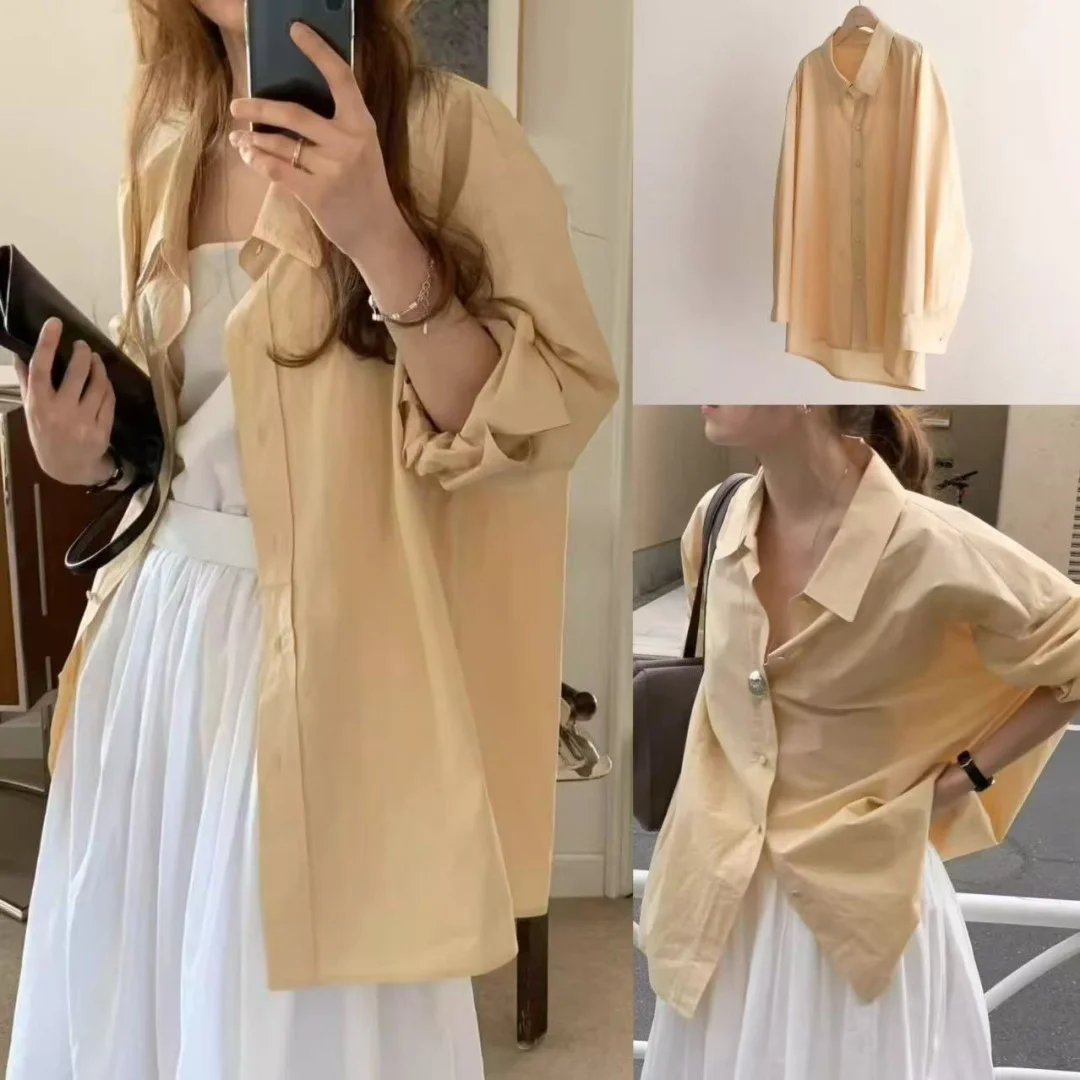 

Женская повседневная рубашка свободного кроя с длинным рукавом, желтая, базовая, универсальная, в корейском стиле, премиум-качества, модная, дышащая