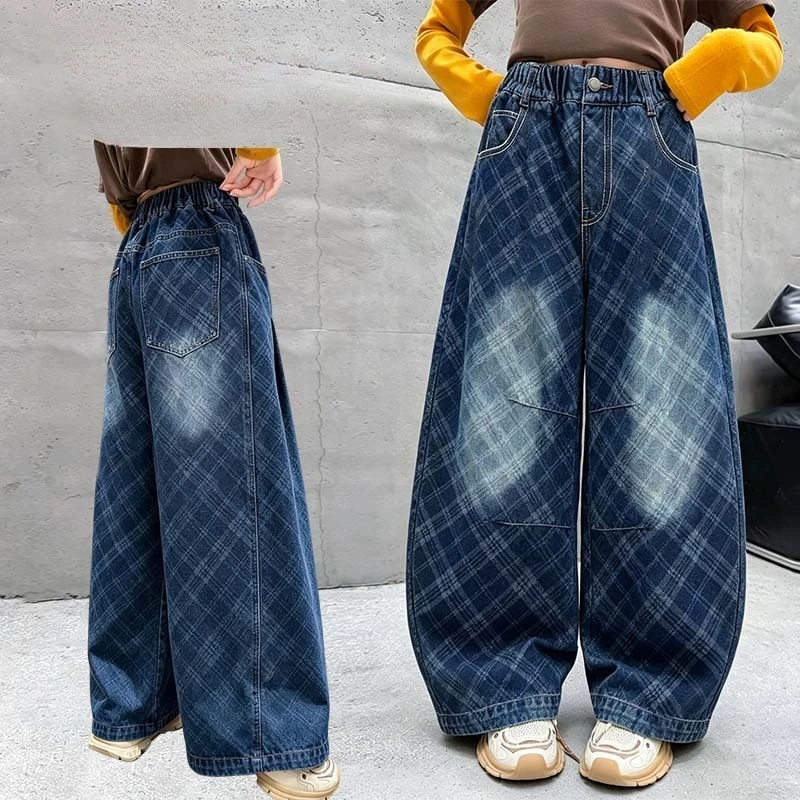 New Autumn Girls Jeans American Plaid Loose Wide‑Leg Curved‑Denim Pants Teens Kids Fashion Baggy Casual Long Trousers 4-14Y