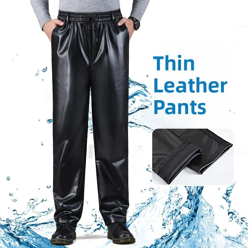 Spring Summer Men's Fleece Lined Thickened Leather Pants Oil Resistant Waterproof Work Trousers Single Style Mid-aged Loose Fit