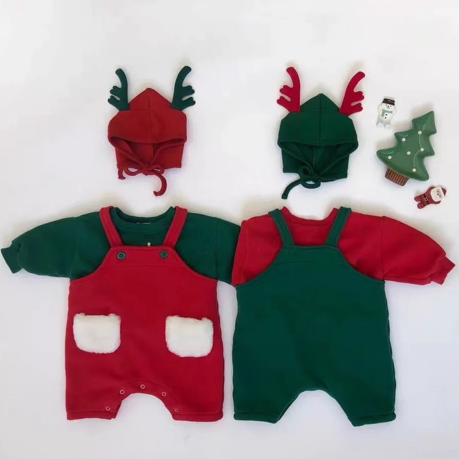 Christmas Baby Romper Plus Fleece Two Pieces Jumpsuits Kids Boutique Designer Costume Infant Newborn Cartoon Printed Clothes