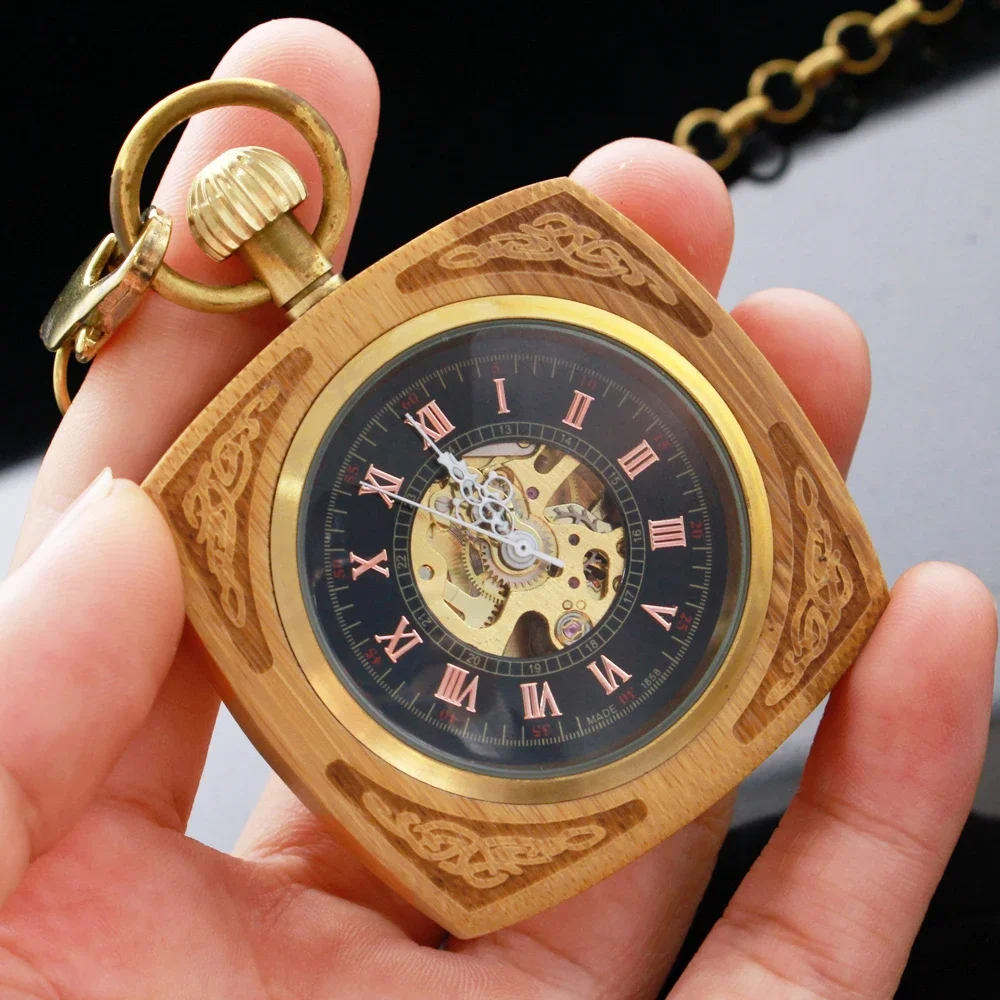 ساعة جيب هيكل عظمي ميكانيكية خشبية أرقام رومانية ساعات جيب خشبية مستطيلة مع سلسلة للرجال