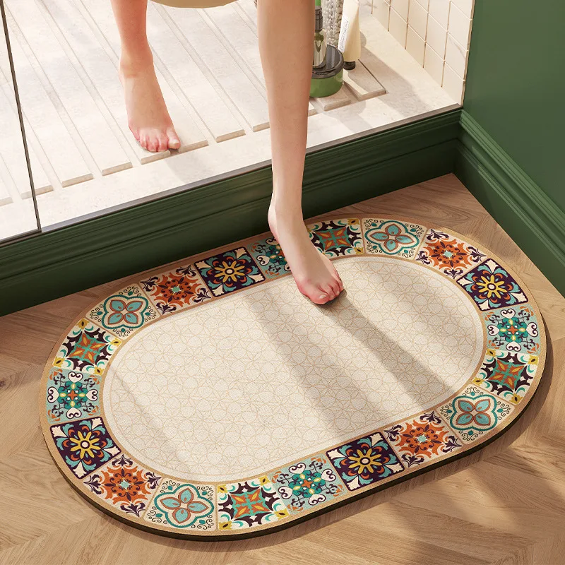 

Bathroom Diatomaceous Earth Floor Mat Bath Shower Area Non-Slip Mat Plants Flowers Home Decoration Rug For Toilet