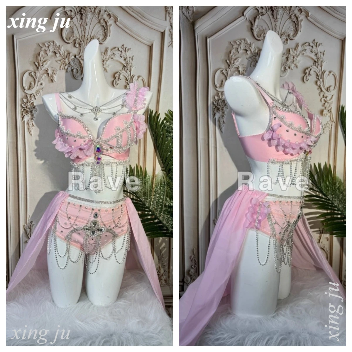Xing Ju Feenhafte Rosa Blumen-Diamant-Perlen-Quasten-Trägertops für Damen, Enge Shorts, Nachtclub-Sänger-Tanz-Bühnen-Geburtstagsparty-Kostüm