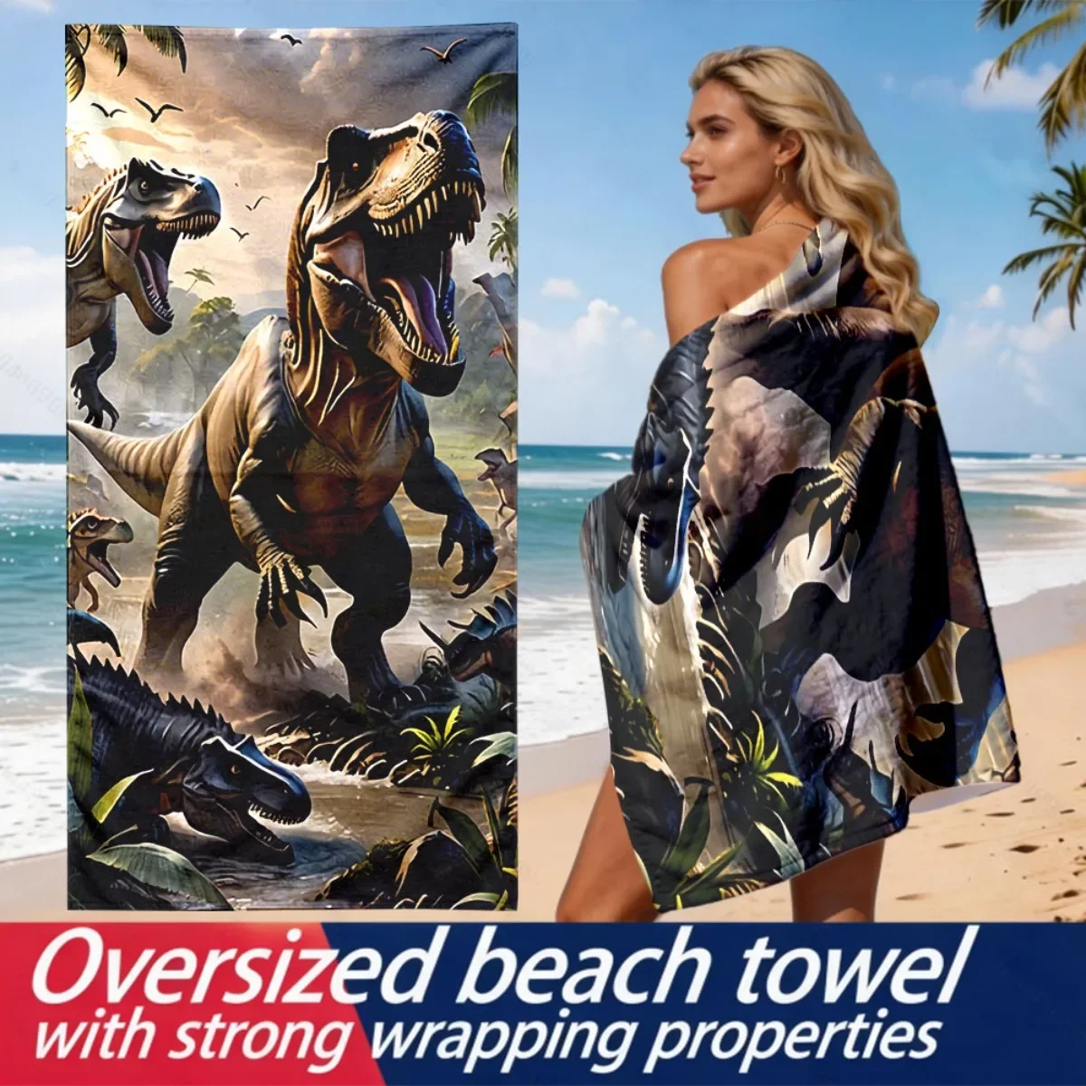 Jurassic dinosaur-themed pattern polyester microfiber beach towel is highly absorbent, suitable for swimming and beach outings