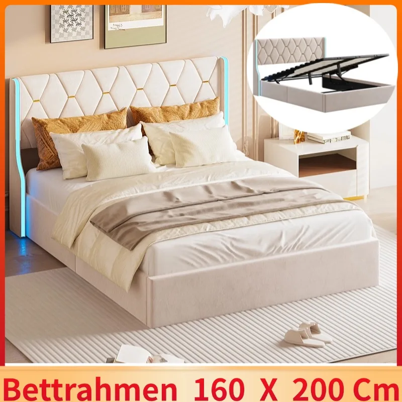 160x200 storage bed with slatted base, Bedside wing lights, Double bed，Hydraulic type, velvet fabric, beige