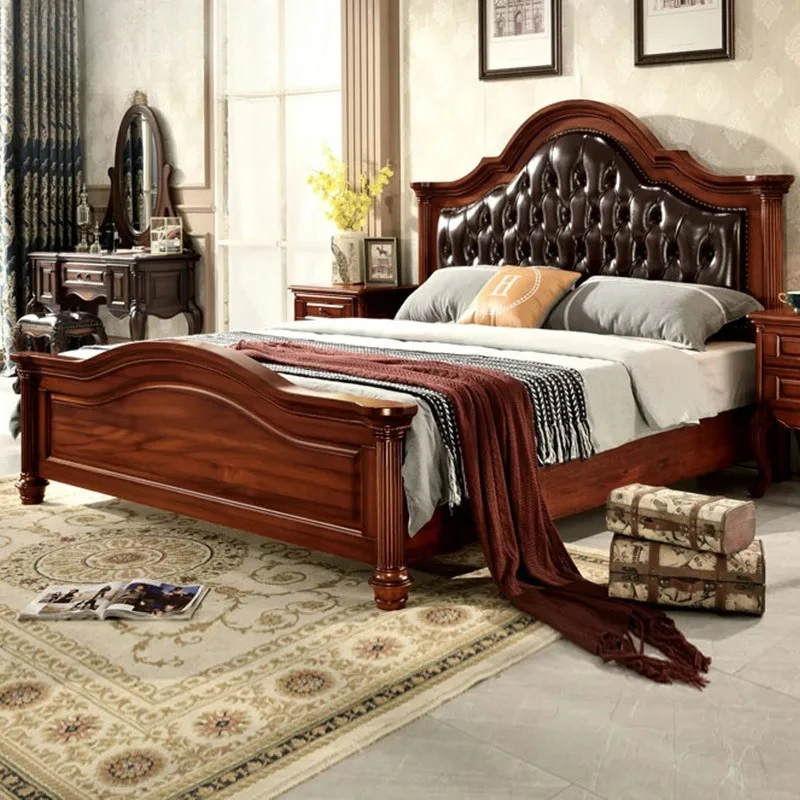 American all solid wood leather bed 1.8 meters Roman column bedroom backrest soft bag bed retro double bed