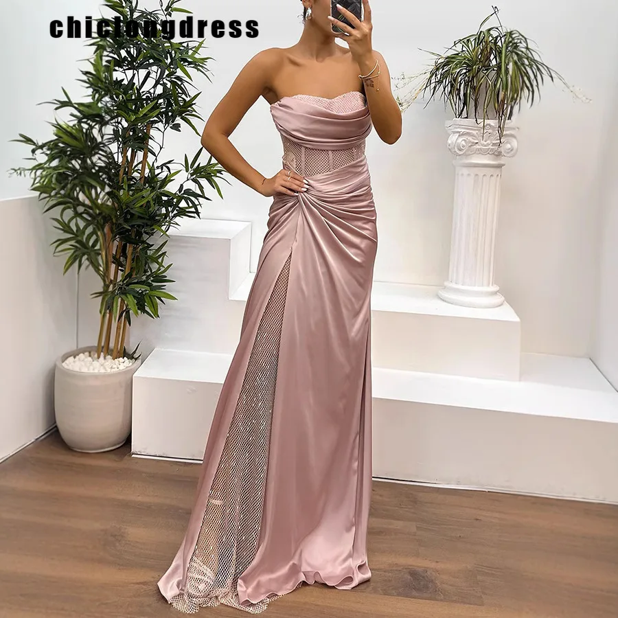 Autumn Fashion Satin Strapless Evening Dress Women Sexy Splicing Diamond Birthday Party Evening Dress Women