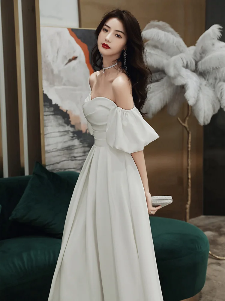 

White Evening Gown Women's 2025 New Sle Ball Ele Lady Long Dr Birthday One oulder Dr Simple Ele Satin A-Lin...