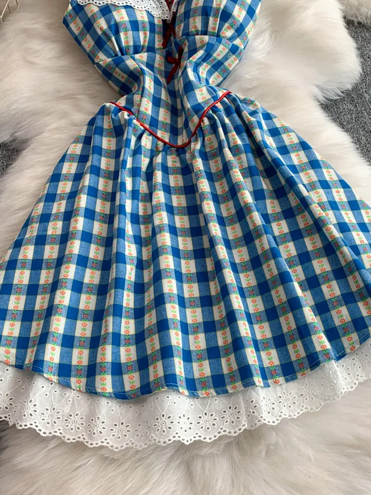 Falda Midi de cintura alta adelgazante Dr con cuello cuadrado y retazos de encaje a cuadros azul dulce para mujer, falda coreana Sle Commute Dr