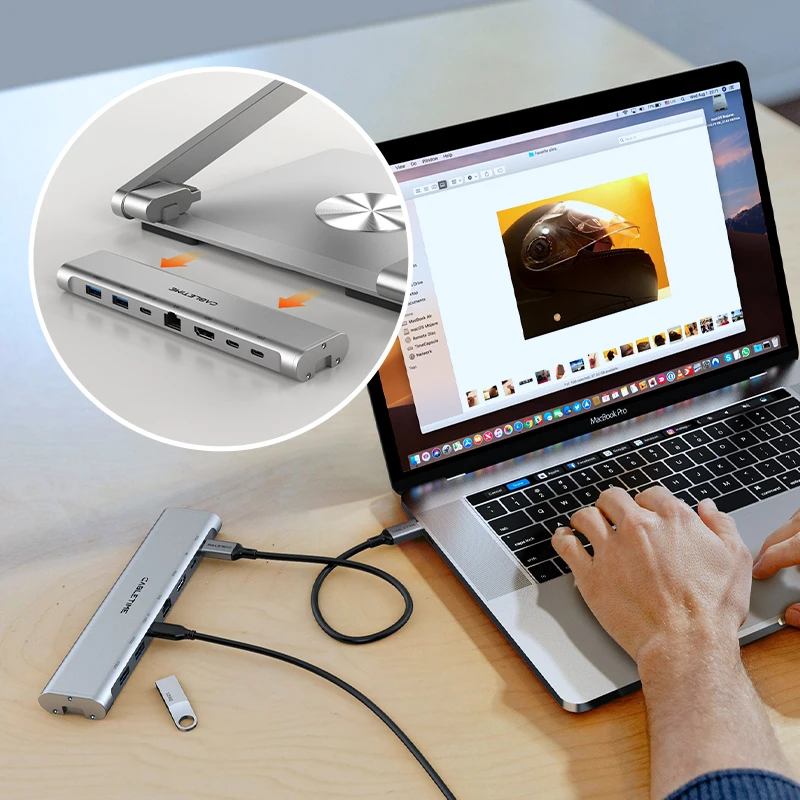 حامل لرسو السفن للكمبيوتر المحمول CABLETIME 6 في 1 USB C Hub 360 °   دوران 4K60 هرتز RJ45 PD 100W HDMI Port لأجهزة الكمبيوتر المحمول MacBook Pro Dell HP