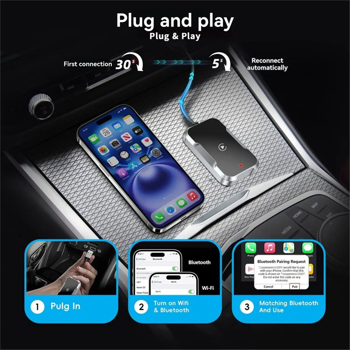 محول Carplay اللاسلكي 2 In1 Android AUTO Smart AI Box Carplay WiFi وBluetooth CarPlay السلكي إلى Carplay اللاسلكي