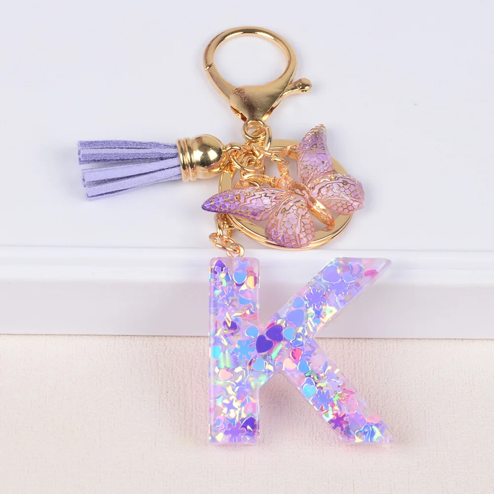 A-Z Dreamy Sequin Alphabet Initial Letters Keychain Withe Butterfly Charm - Cute Butterfly Resin Key Chain Ring Purse Bag Charm