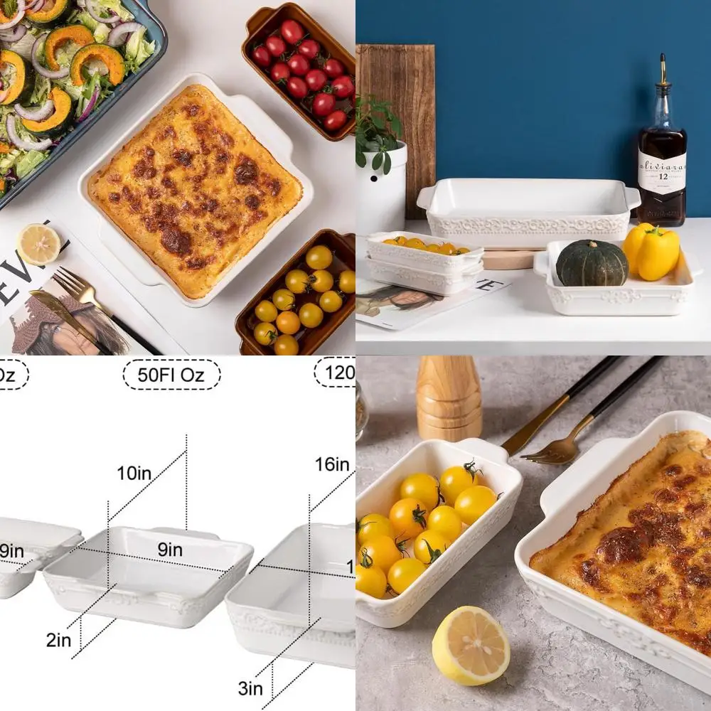 

Oven-Safe Ceramic Bakeware Set: 4-Piece Rectangular Dishes with Handles for Lasagna, Gratin, Roasting, and Everyday Use in Kiln-