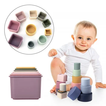 5/7pcs-set Siliconen Bouwbeker Baby Siliconen Bijtring BPA Gratis Geometrische Gestapelde Cups Opvouwbare Educatief Speelgoed Accessoires
