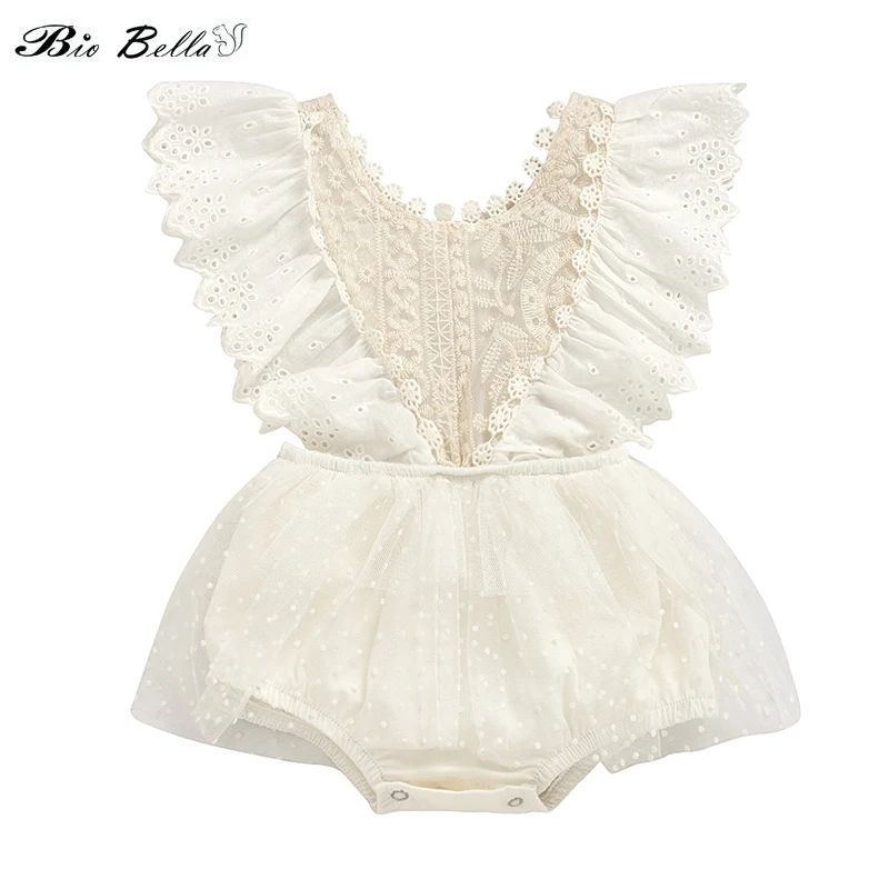 Summer Infant Baby Girls Bodysuit Floral Lace Embroideried Adjustable Ruffles Sleeve Triangle Jumpsuit Clothes