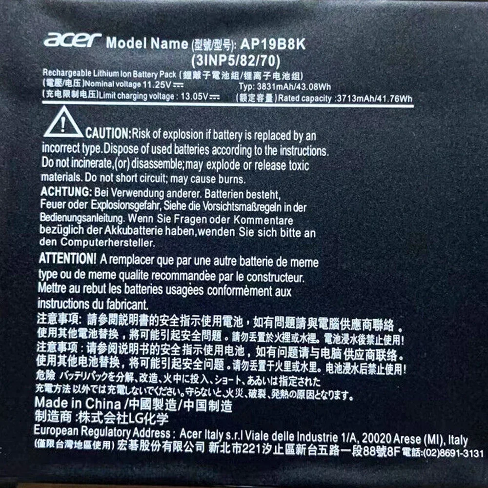 AP19B8K 11.25V 43.08Wh Original Laptop Battery for Acer Aspire 3 A314 A315 A317 Chromebook CB315-3H 3INP5/82/70