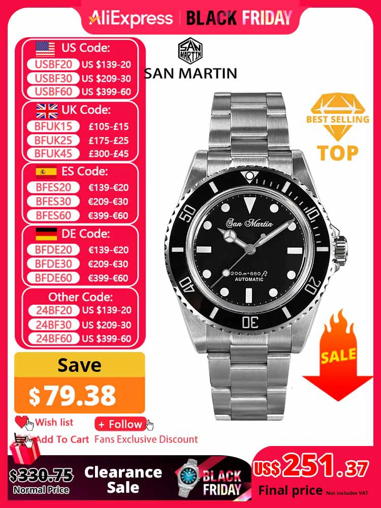 San Martin 39mm Men Diver Watch Vintage Classic Luxury Automatic Mechanical Self-winding Watches Sapphire Mirror 20Bar Luminous