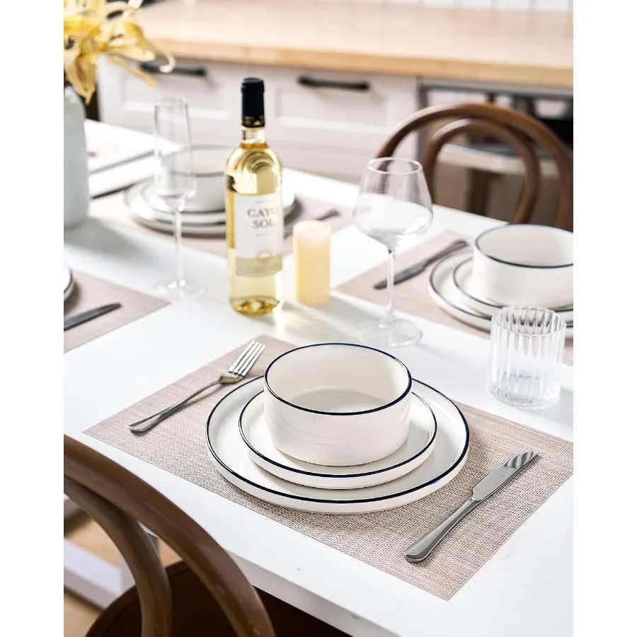 طقم أواني طعام بورسلين حديث مكون من 18 قطعة لـ 6 قطع باللون الأبيض مع أدوات مائدة آمنة للاستخدام في الميكروويف وغسالة الأطباق مثالية للاستخدام اليومي #3