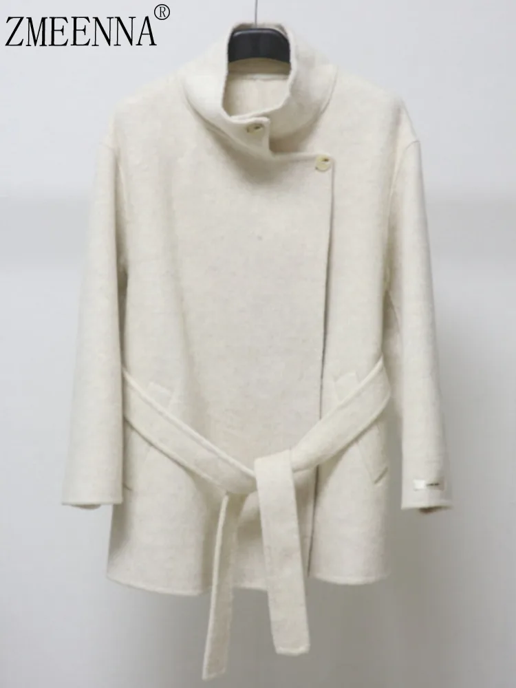 معطف قصير من مزيج الصوف للسيدات من ZMEENNA بياقة واقفة وأزرار لأعلى وحزام خصر أنيق ودافئ ملابس خارجية للشتاء ZM4640