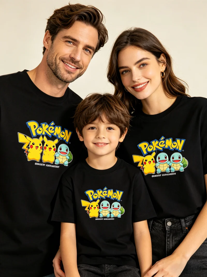 2026 Sommer Pokemon Starter Eltern-Kind-T-Shirts, Sport-T-Shirts aus 100 % Baumwolle, atmungsaktive Familien-Tops für Outdoor-Spiele Y2k
