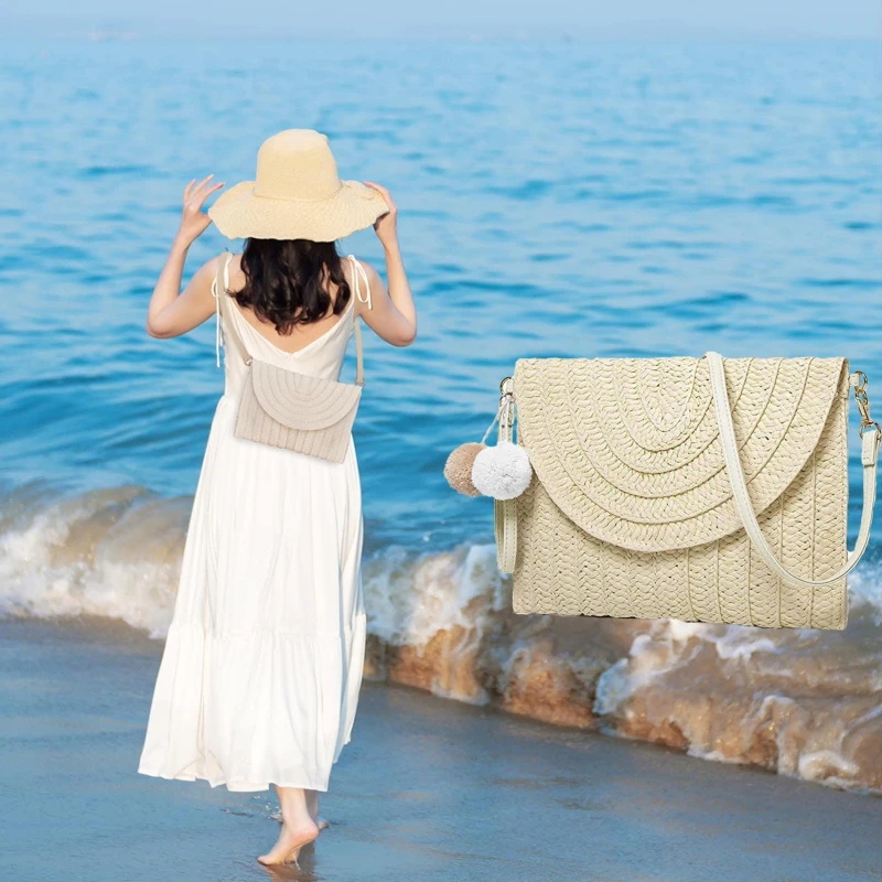 

Summer Beach Bag Women Straw Messenger Bag Envelope Woven Clutch Bag Ladies Fashion Simple Solid Straw Wallet Messenger Bag