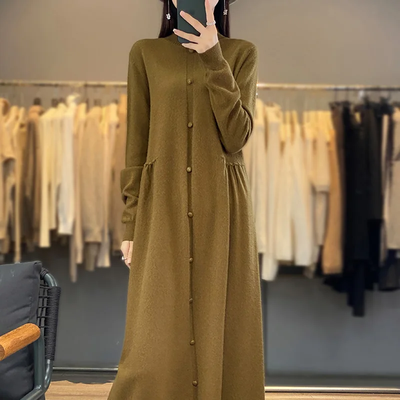 Women Dresses 100% Cashmere and Wool Knitted Jumpers Long Oneck 2023 Winter/ Autumn Female Dress Woolen Knitting Clothes NJ01