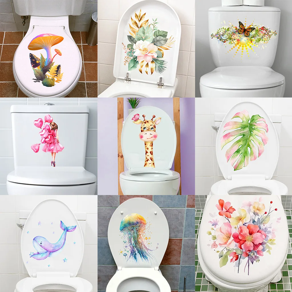 

Creative Cartoon Animals And Plants Toilet Stickers Removable Waterproof Wall Decals Home Bathroom Decoration Decals S4