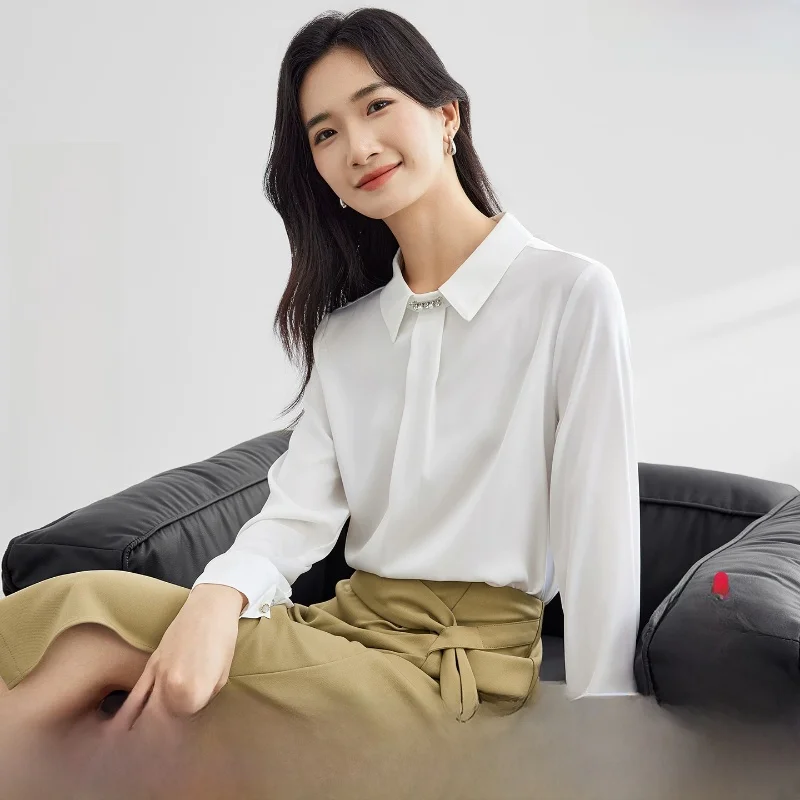 

Elegant Slimming Satin Shirt for Women Commute Metal Button Simple Style Long Sleeve Casual Wear Daily Look Straight Cut