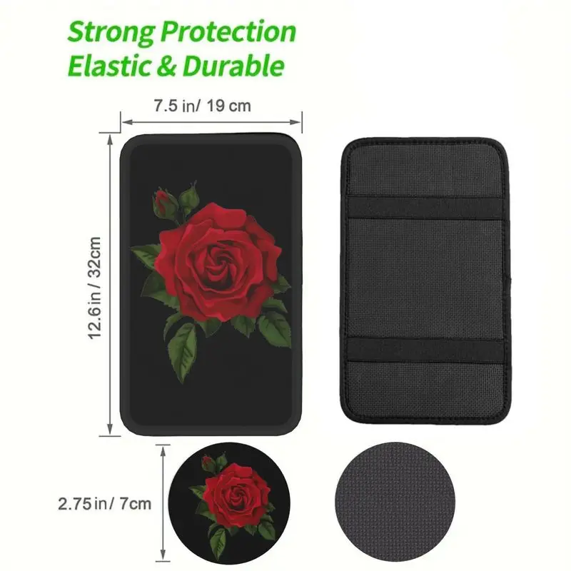Car Armrest Cover & Cup Coasters Set: Red Rose Pattern, 1Pc + 2Pcs For Car Interior