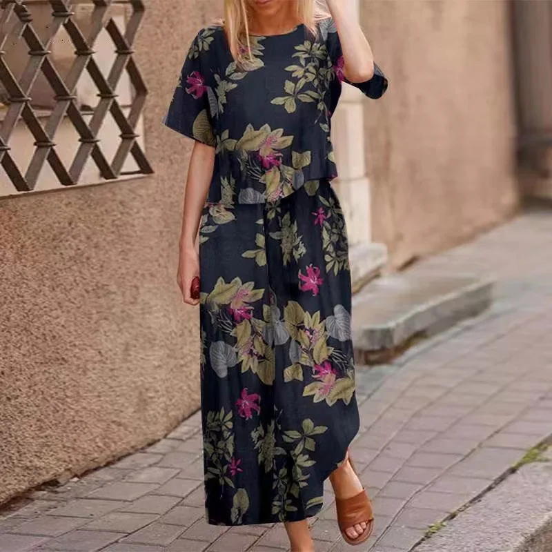 

Autumn New Women's Fashion Printed Cotton Linen Plant Flower Three Sleeve Short Sleeved Casual Nine Piece Pants Two-piece Set