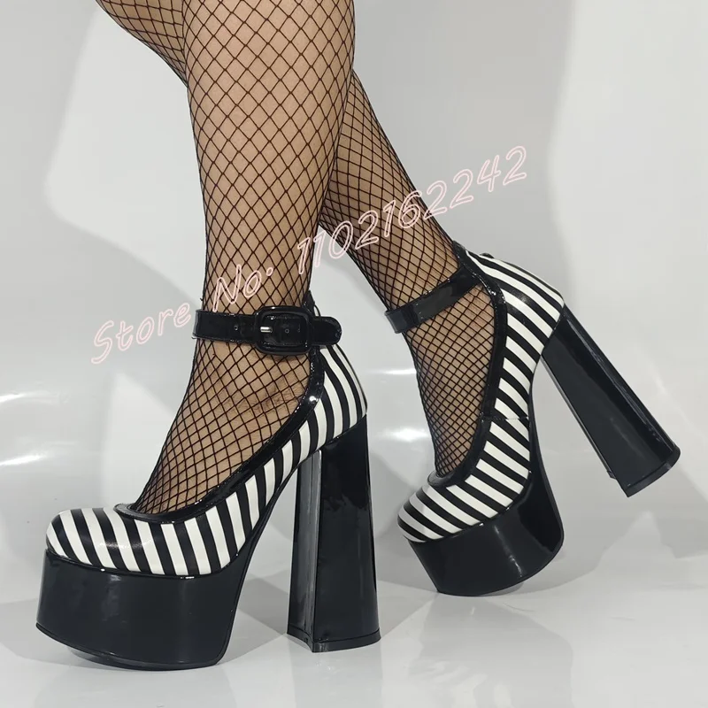 

Женские черно-белые полосатые туфли на платформе из лакированной кожи с круглым носком, туфли-лодочки на толстом каблуке с неглубоким носком, осенние роскошные туфли на высоком каблуке