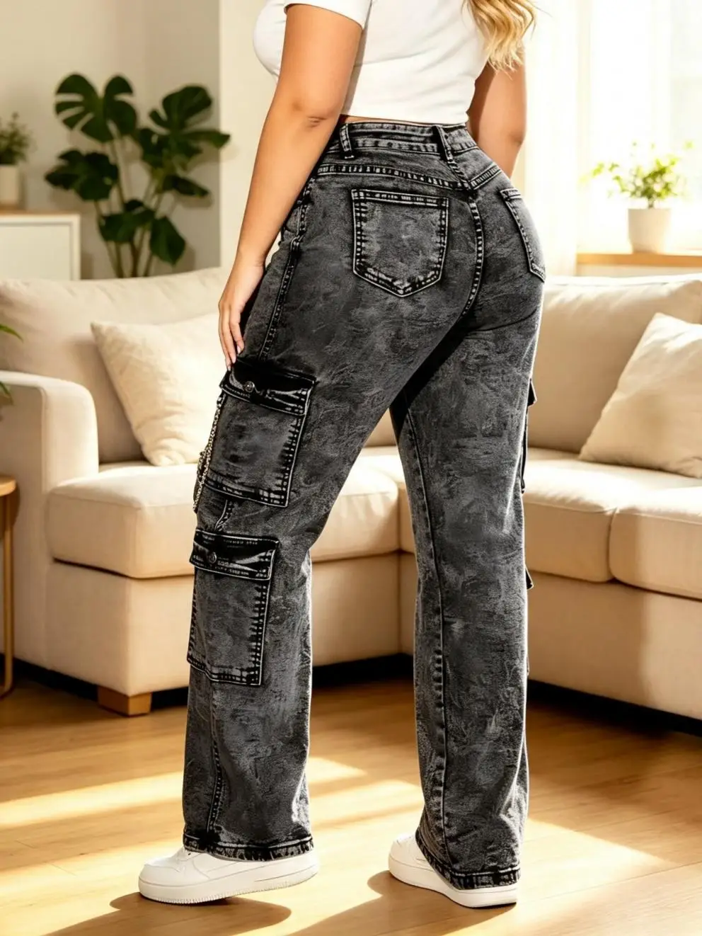 【HME】Jeans | Street Hip‑Hop Casual Denim Pants For Women, Black Grey Snow‑Wash Straight Cargo Denim Jeans, Functional Multi‑Pocket & Detachable Chain Design, Fashion Loose Pants For Going‑Out And Daily Styling
