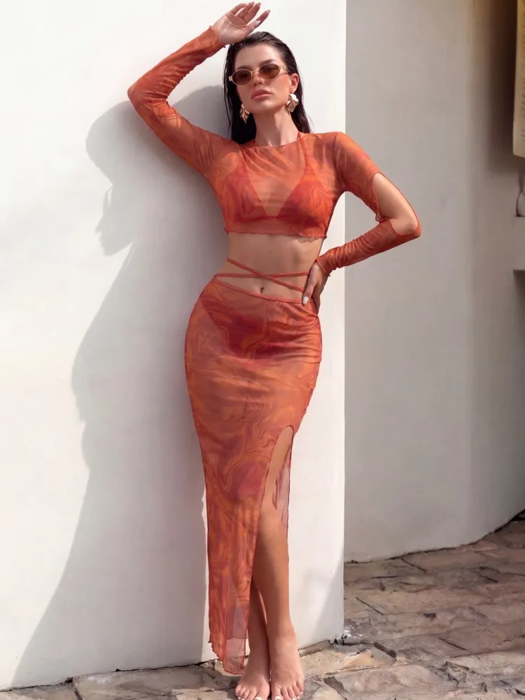 Bikini Bodysuit Swimwear Women With Skirt Bathing Suit Summer New Ruffle Splice Print Beachwear Holiday Bikini Cover Ups Outfits