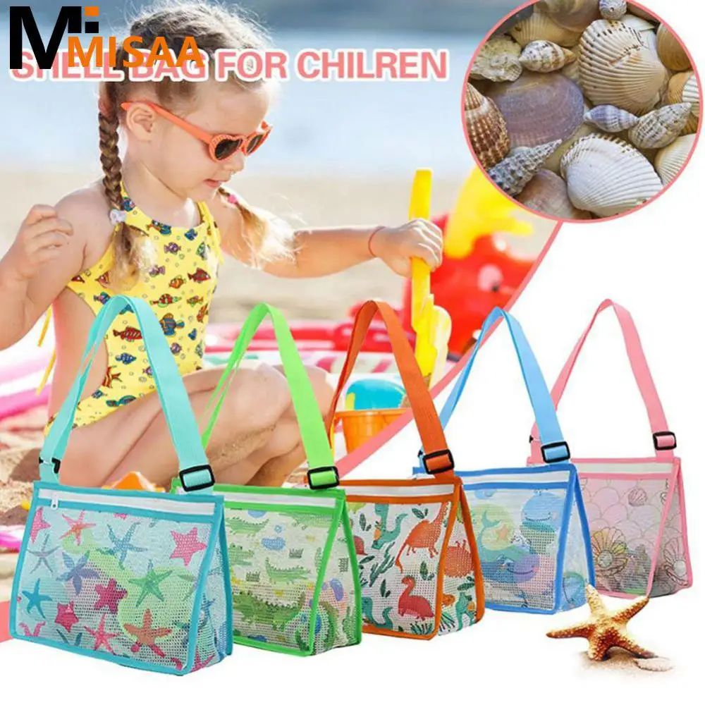 Saco de malha colorido popular para segurar conchas e brinquedos, fácil de transportar, essencial para diversão na praia, espaçoso, popular