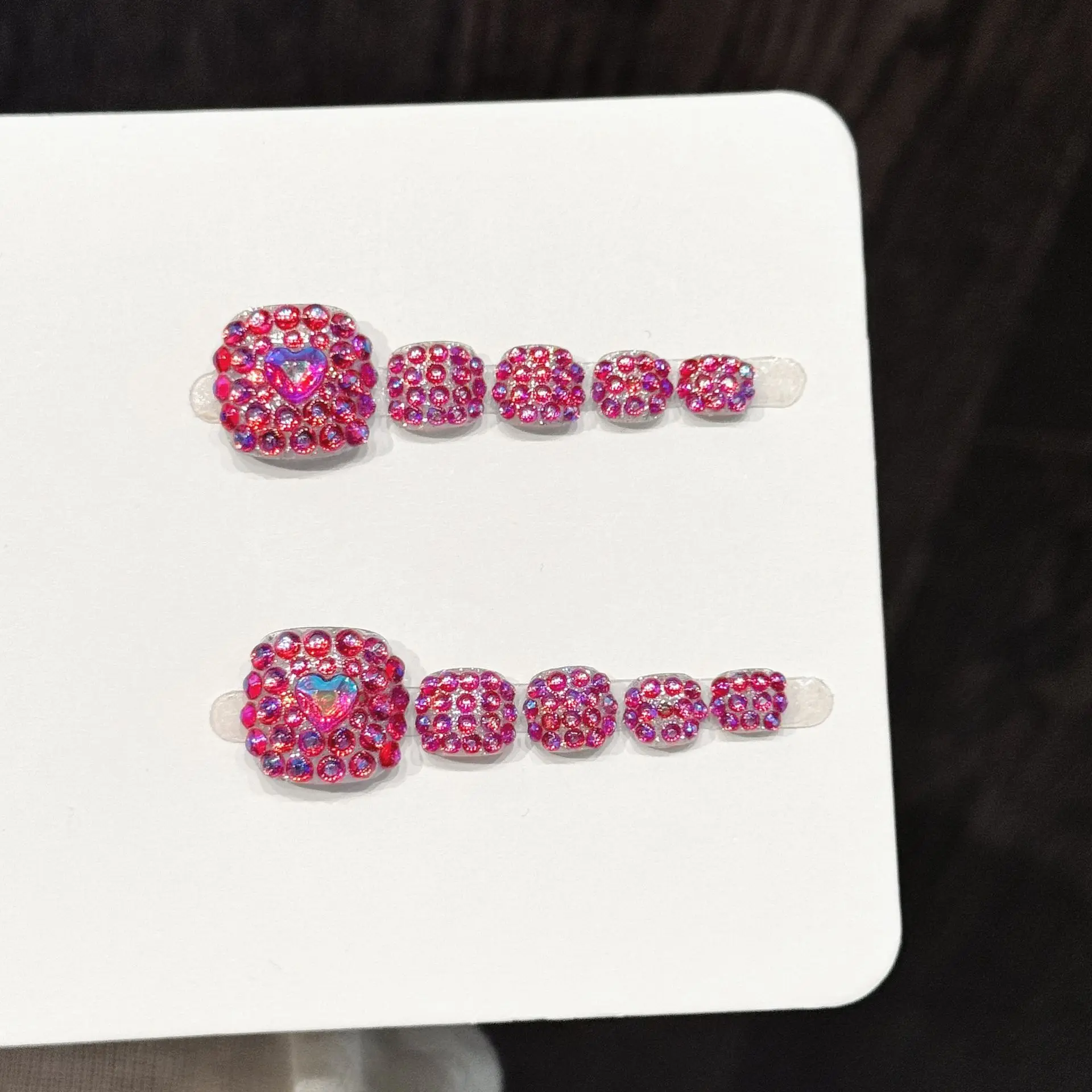 

10pcs Pure Handmade Pressure Foot Nail Art, Beautiful Fake Toenails, Blinking Rose Red Full Diamonds Heavy Duty Hot Girl Style