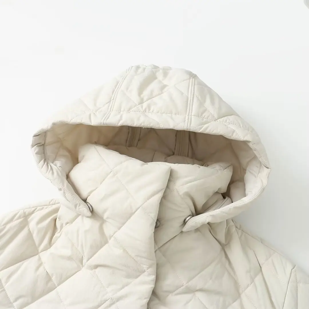 Abbigliamento donna 2025 autunno e inverno nuova giacca lunga in cotone con cappello rimovibile a collo alto in stile europeo e americano