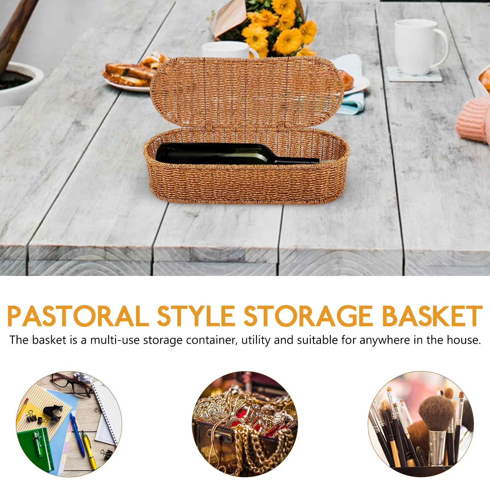 

Vintage Imitation Rattan Storage Box Hand Woven Pastoral Style Organizer Basket for Home Sundries Desktop Tidy