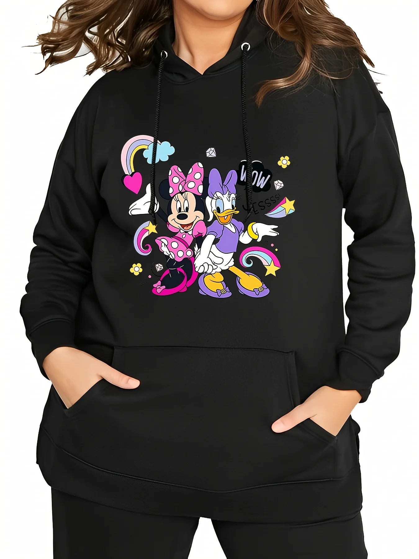 Women's Minnie and Daisy Friends Retro Fashion Hoodie Disney Long Sleeve Top Drawstring Pullover Loose Casual Wear